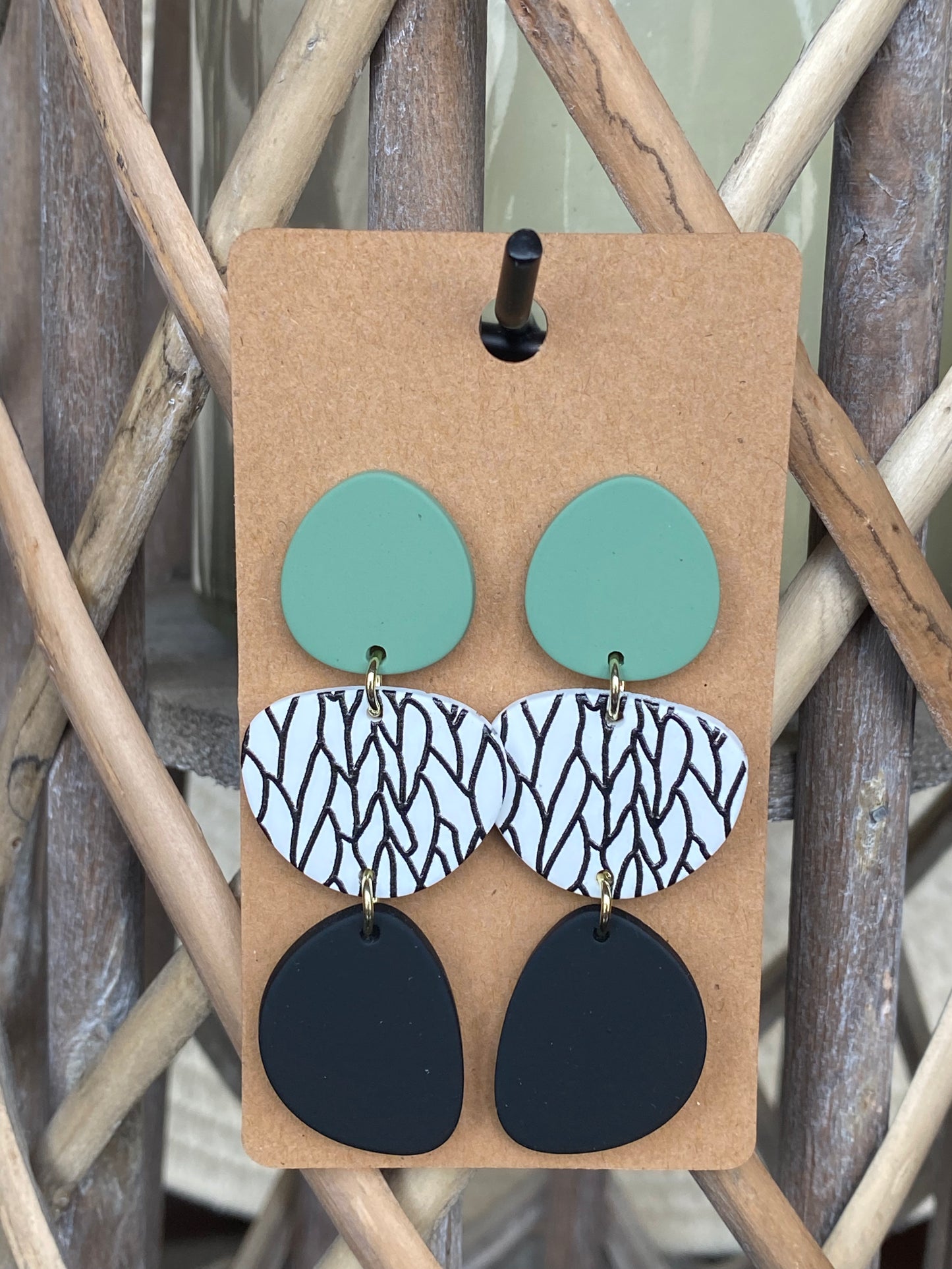 Sage & Black with Black leaf pattern earrings