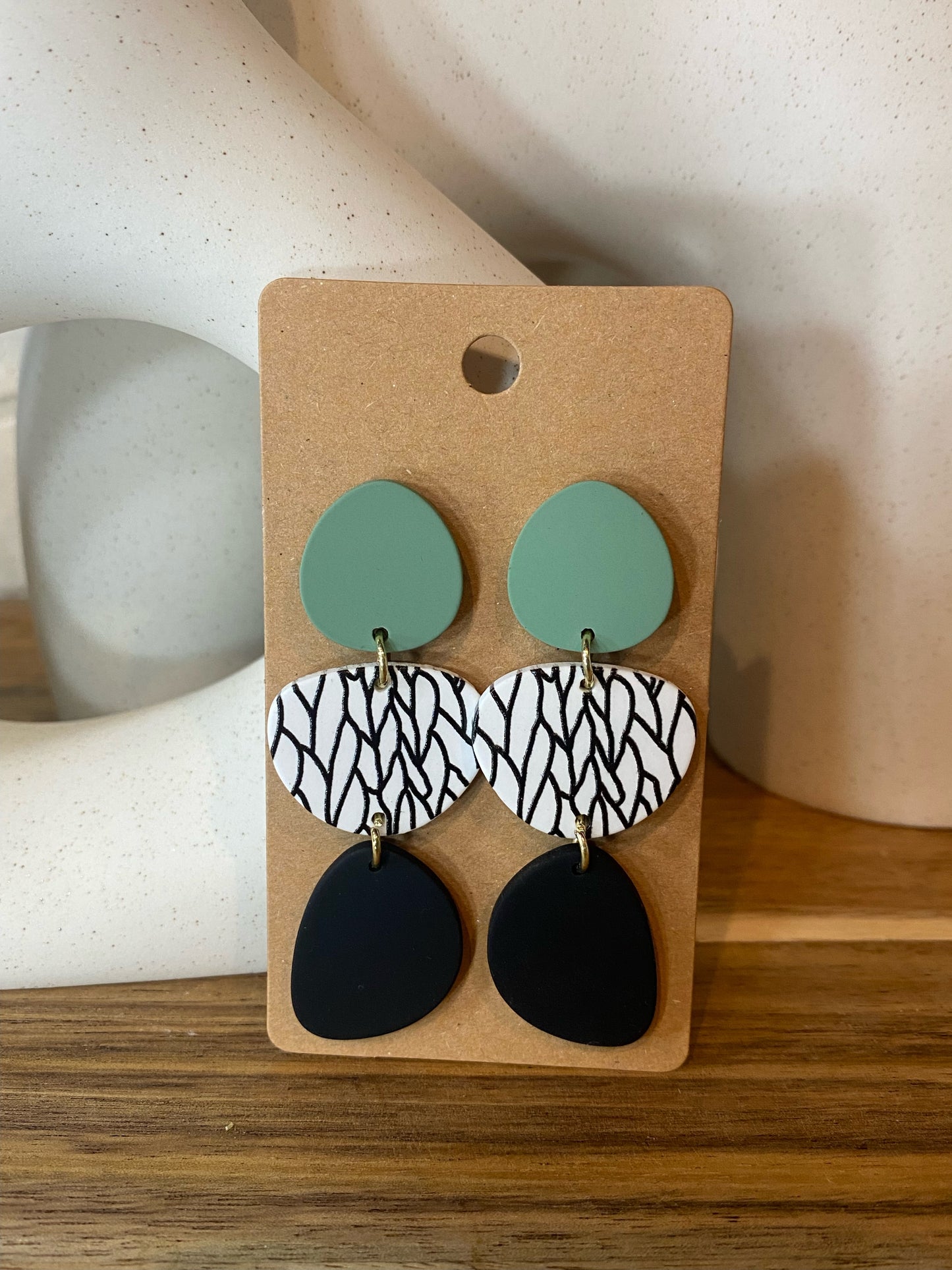 Sage & Black with Black leaf pattern earrings
